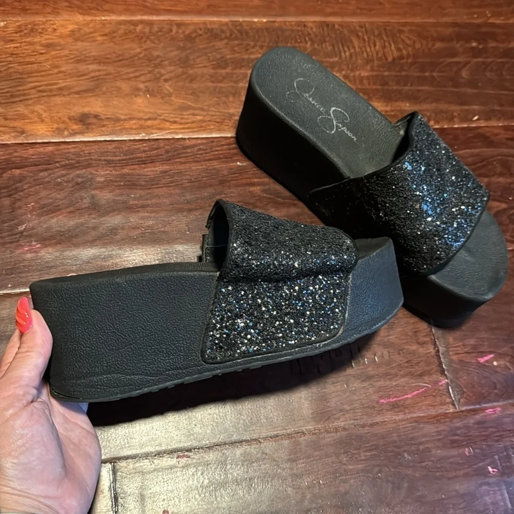 Jessica Simpson black sparkly glitter platform slides size 7 3 inch platform - Picture 3 of 9